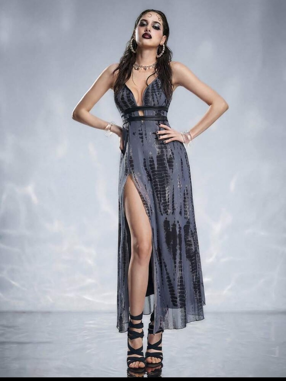 Sleek Gray Grunge Goth Plunge Maxi Dress with High Slit New
